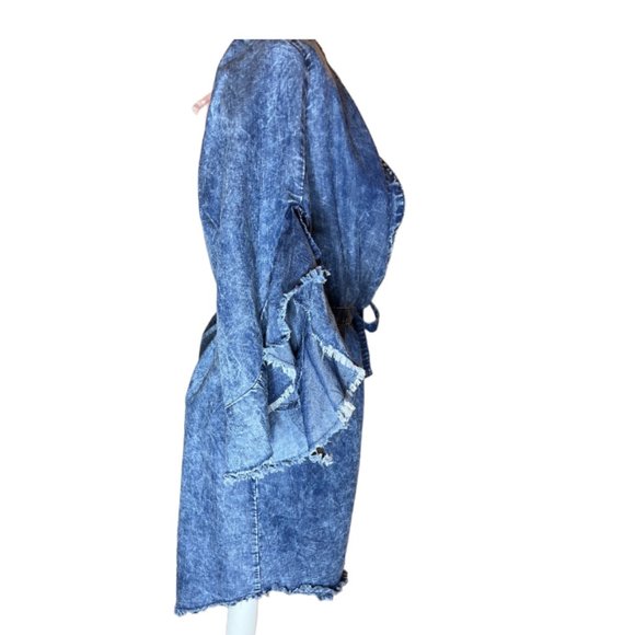 Given Kale Acid Washed 90s Look Ruffle Bell Sleeve Denim Wrap Belted Dress - Picture 5 of 6